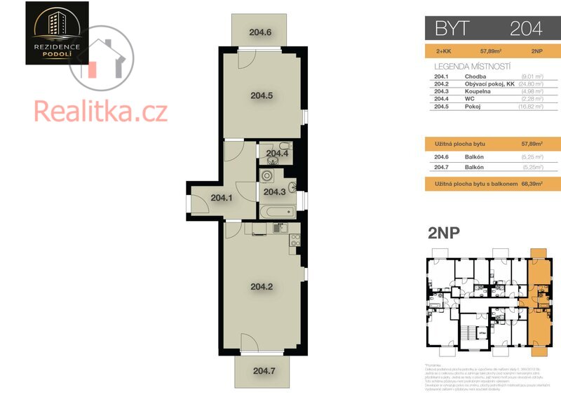 Nový byt 2+kk se dvěma balkony v Rezidenci Podolí